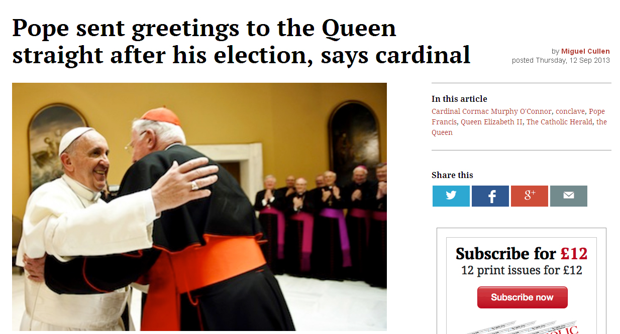 Pope Francis thanks and recognizes Cardinal Murphy-O'Connor, alleged leader of Team Bergoglio (Catholic Herald, Sept 12, 2014: Online edition - Screen Shot by From Rome blog)