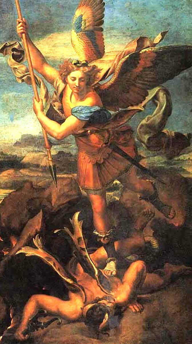 St. Michael the Archangel, the first Saint, on account of his declaration of war against Lucifer