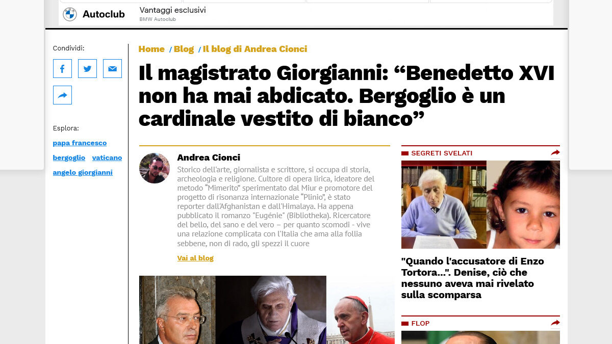 Judge Giorgianni: Benedict XVI never abdicated, Bergoglio is a Cardinal  dressed in white!