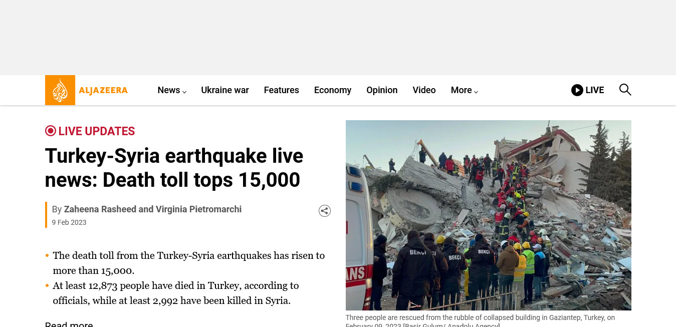 TURKEY / SYRIA : Death Toll Surpasses 15,000 From Historic Earthquake ...