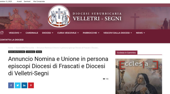 Pope Francis joins Diocese of Frascati, Italy with Diocese of Velletri-Segni in a personal union